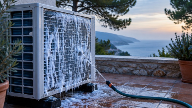 Unité extérieure rincée en douceur sur une terrasse face à la mer, à l'automne