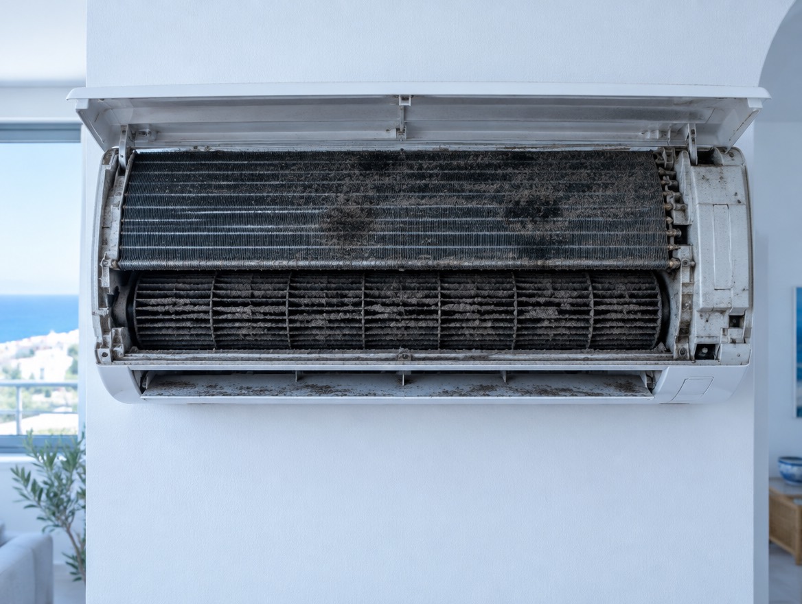 Unité intérieure avant entretien : évaporateur et turbine encrassés