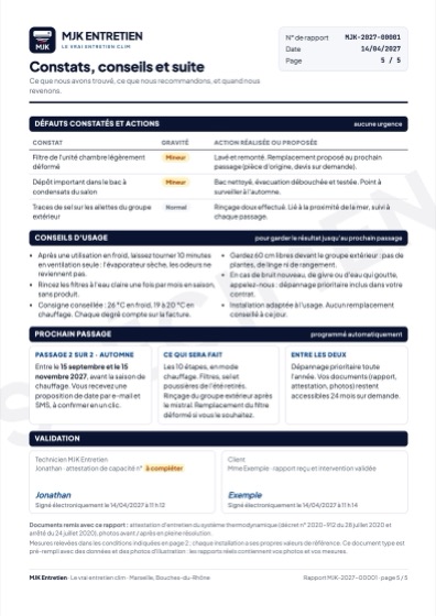 Rapport, page 5 : constats, conseils, prochain passage, signatures