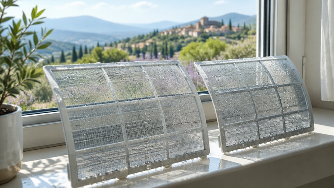 Filtres lavés qui sèchent devant une fenêtre ouverte sur la Provence au printemps